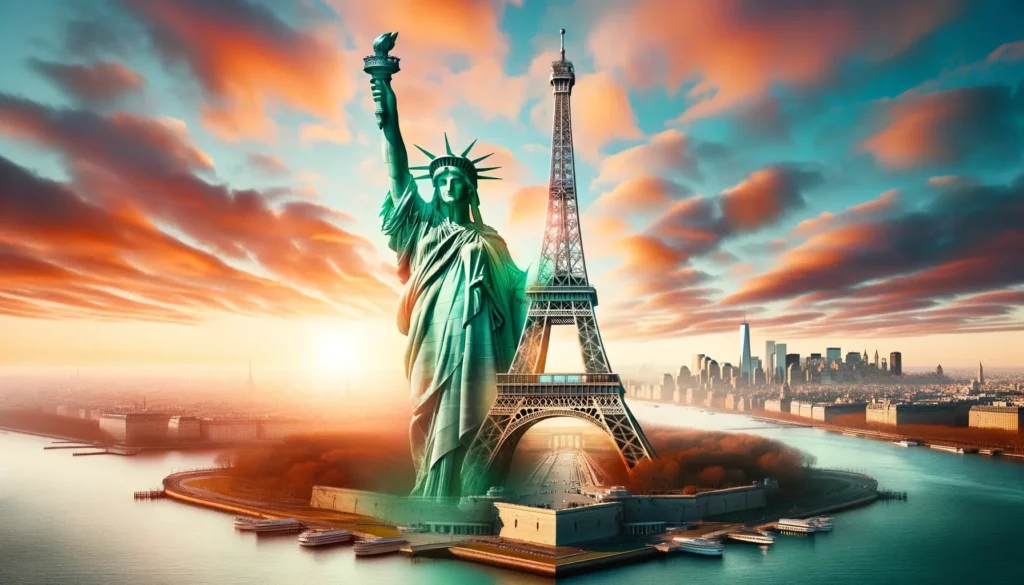 Illustration of the Eiffel Tower and the Statue of Liberty
