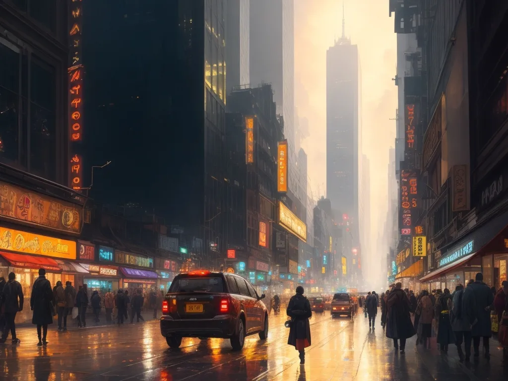 A bustling metropolis, captured in rich oils with a scumbling technique, bringing to life the vibrant energy of the city.