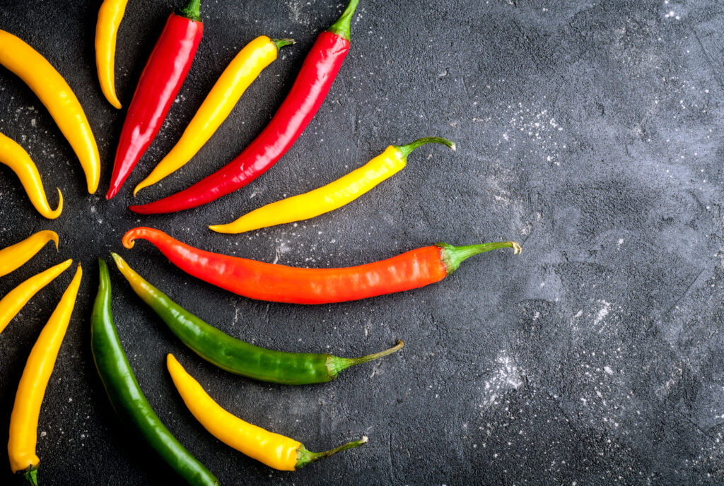 Variety of chili peppers. Red, green and yellow chili pepper on dark background top view