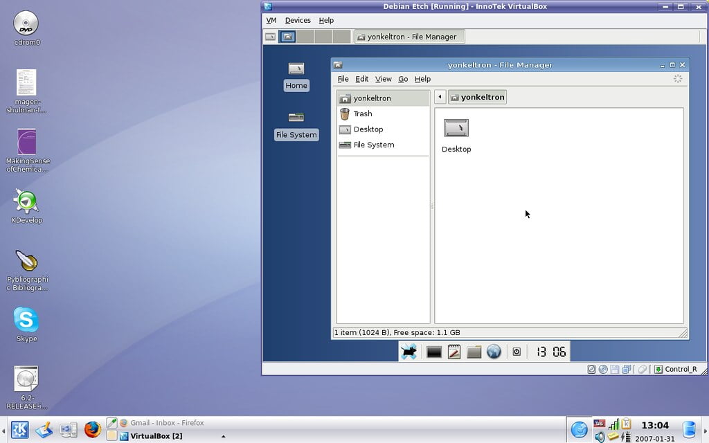 XFCE4 running in Debian Etch hosted by VirtualBox on top of Kubuntu Linux