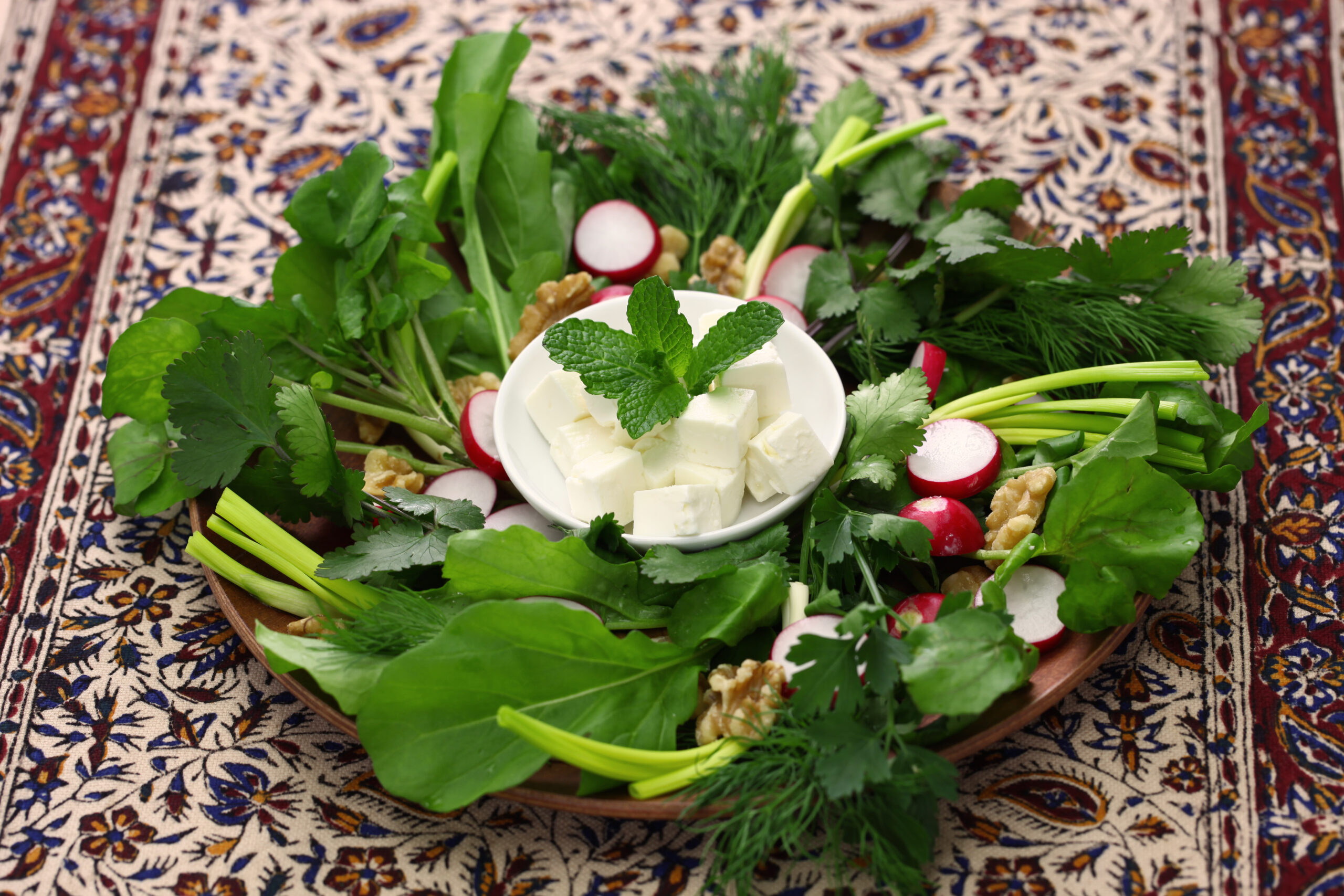 sabzi khordan, assortment of fresh herbs and raw vegetables salad, iranian cuisine