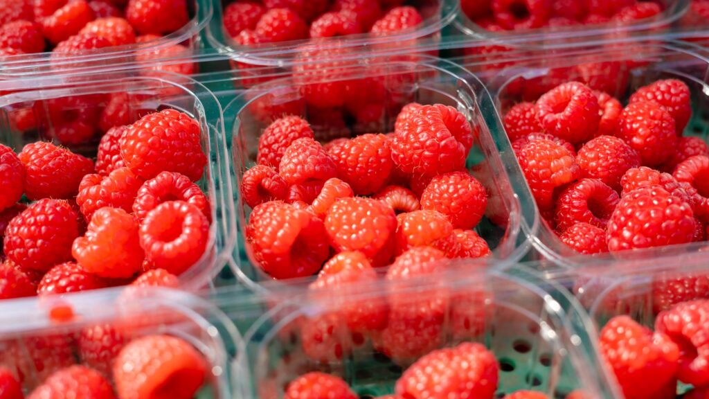 Variety of red raspberries organized in plastic containers
